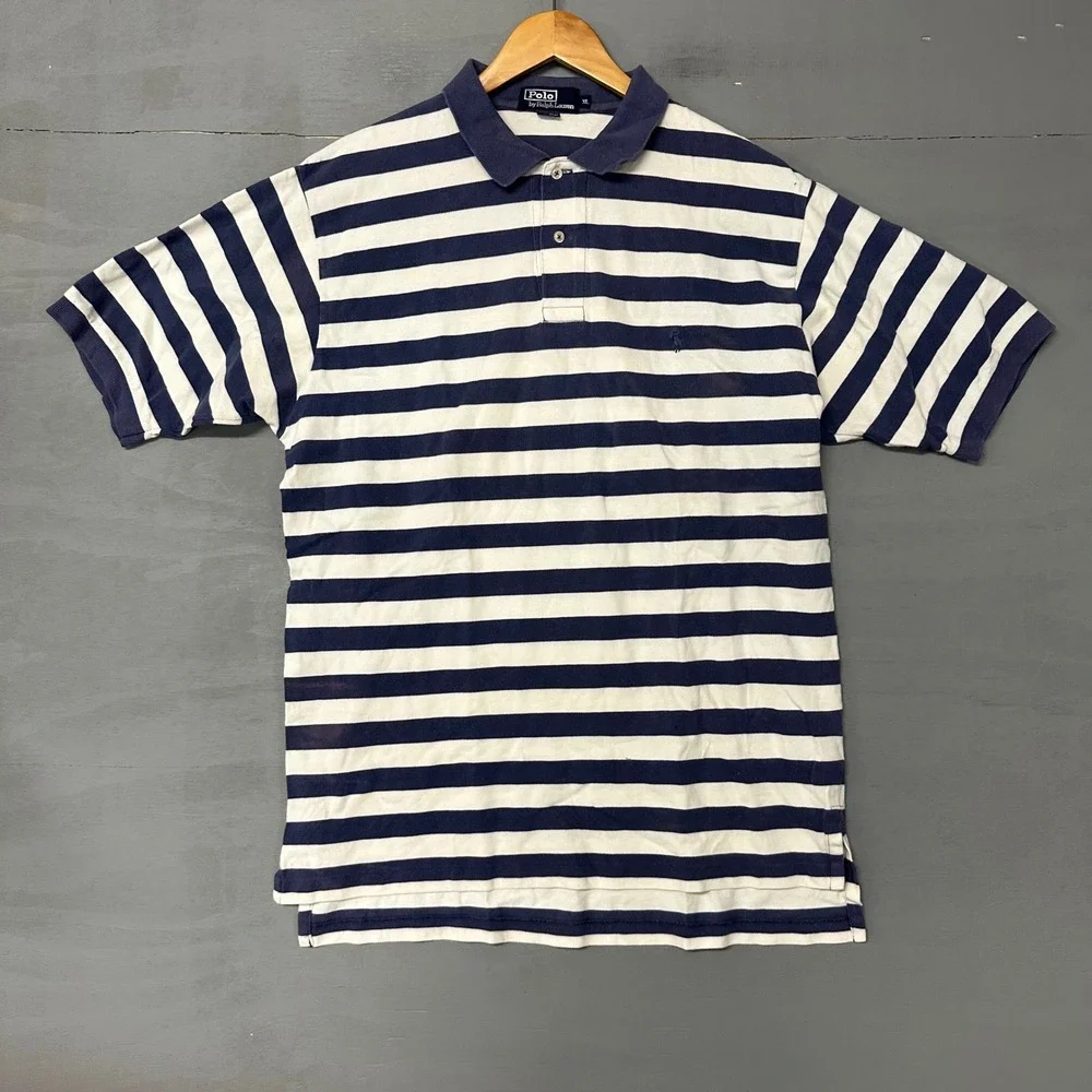 Polo Ralph Lauren Mens XL Striped Polo Shirt Navy Blue White Short Sleeve Cotton